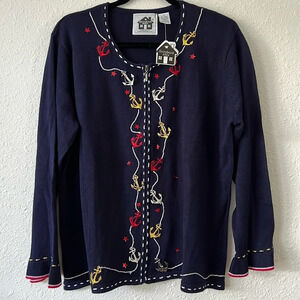Fisherman Granny Storybook Knit Navy Nautical Anchor Full Zip Cardigan Size 1X